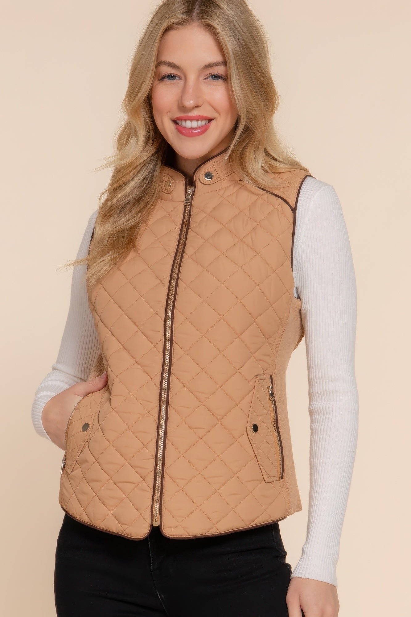 Suede Piping Quilted Padding Vest - ThingsWeUseAndLove 