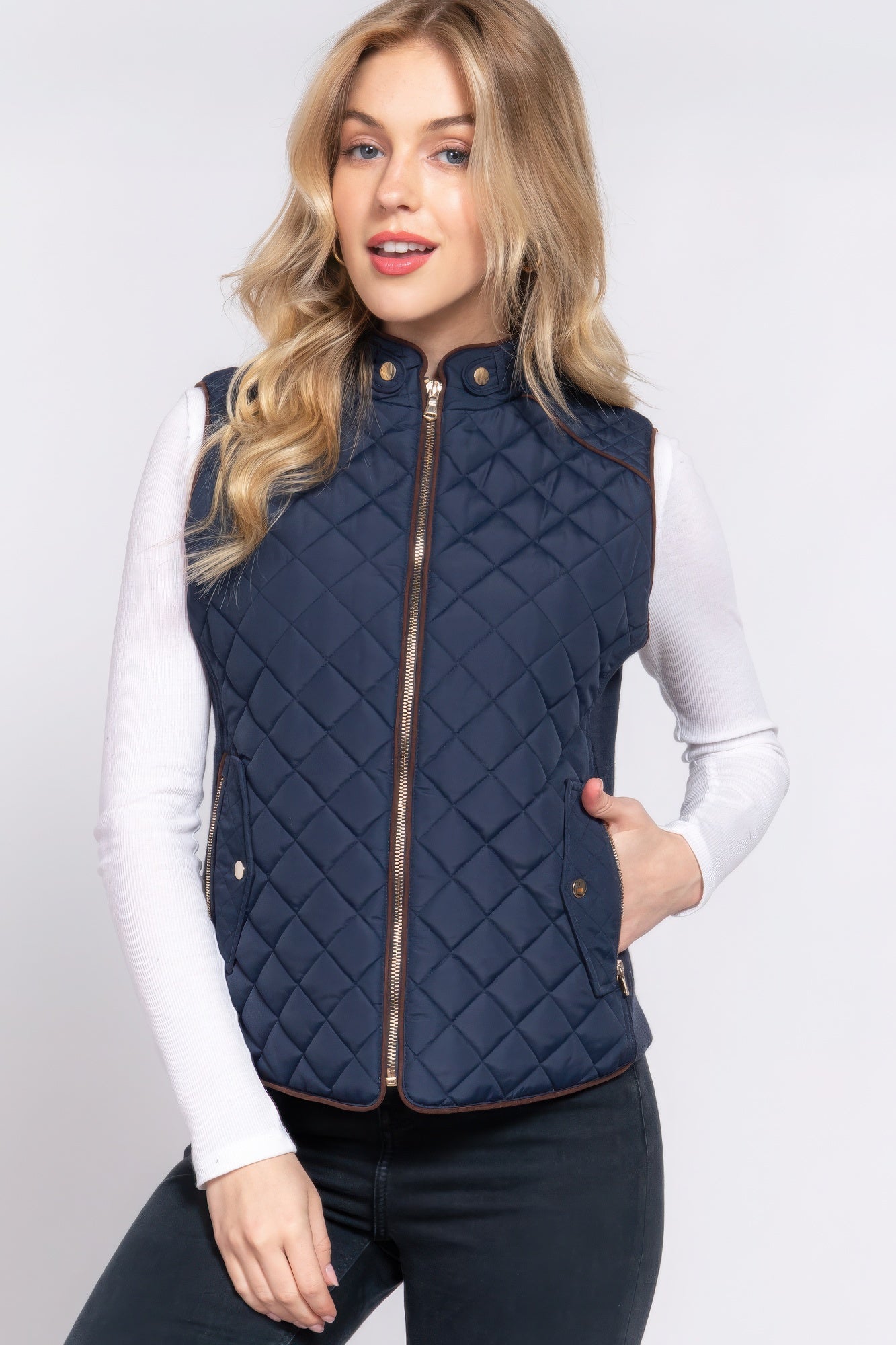 Suede Piping Quilted Padding Vest - ThingsWeUseAndLove 