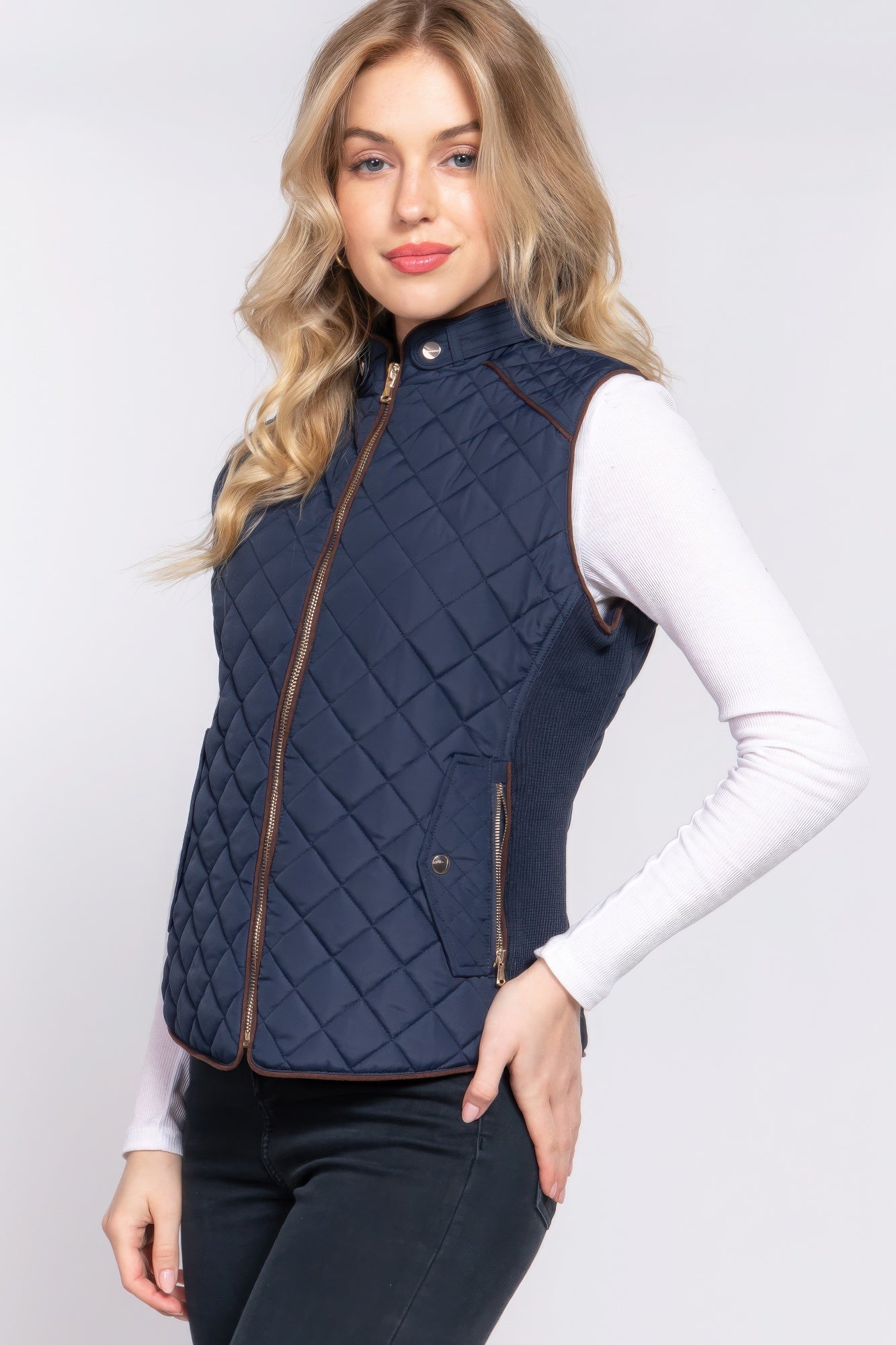 Suede Piping Quilted Padding Vest - ThingsWeUseAndLove 