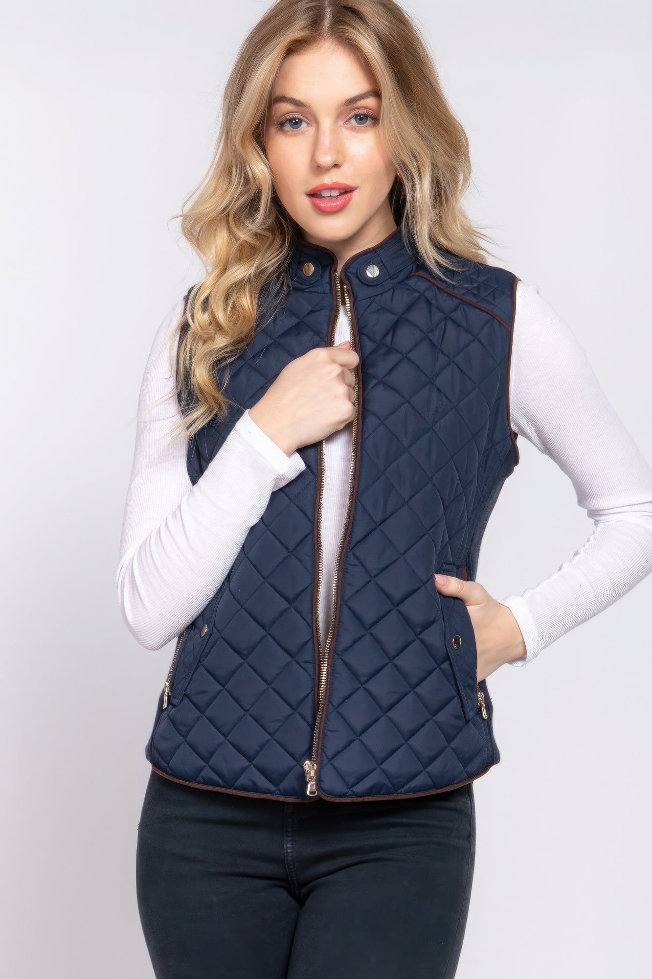 Suede Piping Quilted Padding Vest - ThingsWeUseAndLove 