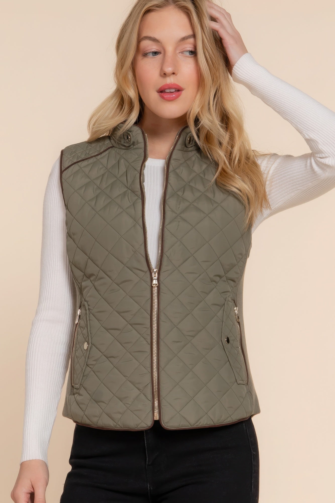 Suede Piping Quilted Padding Vest - ThingsWeUseAndLove 