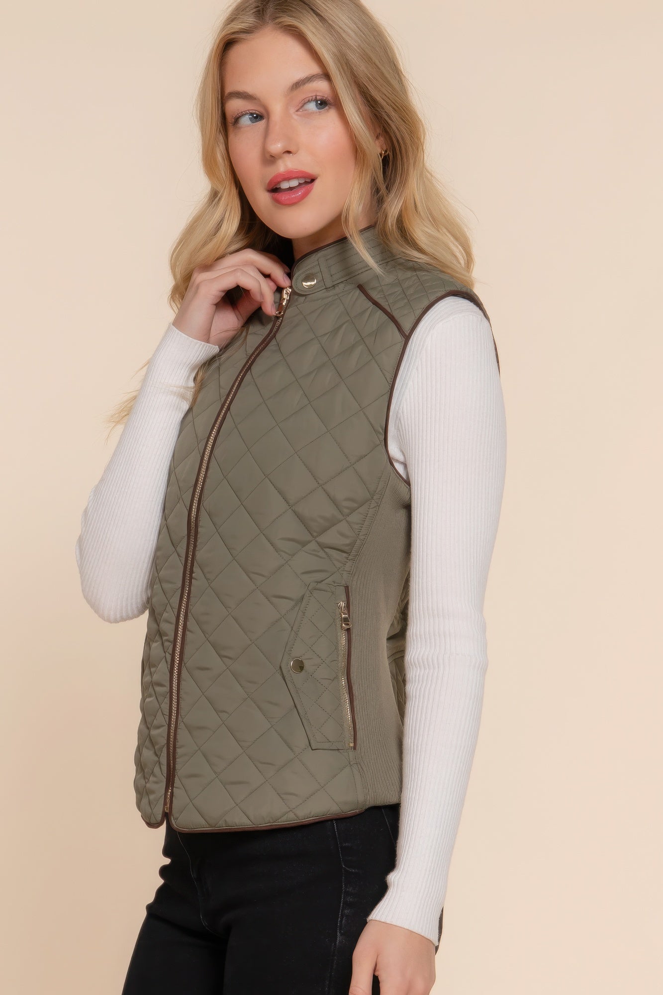 Suede Piping Quilted Padding Vest - ThingsWeUseAndLove 