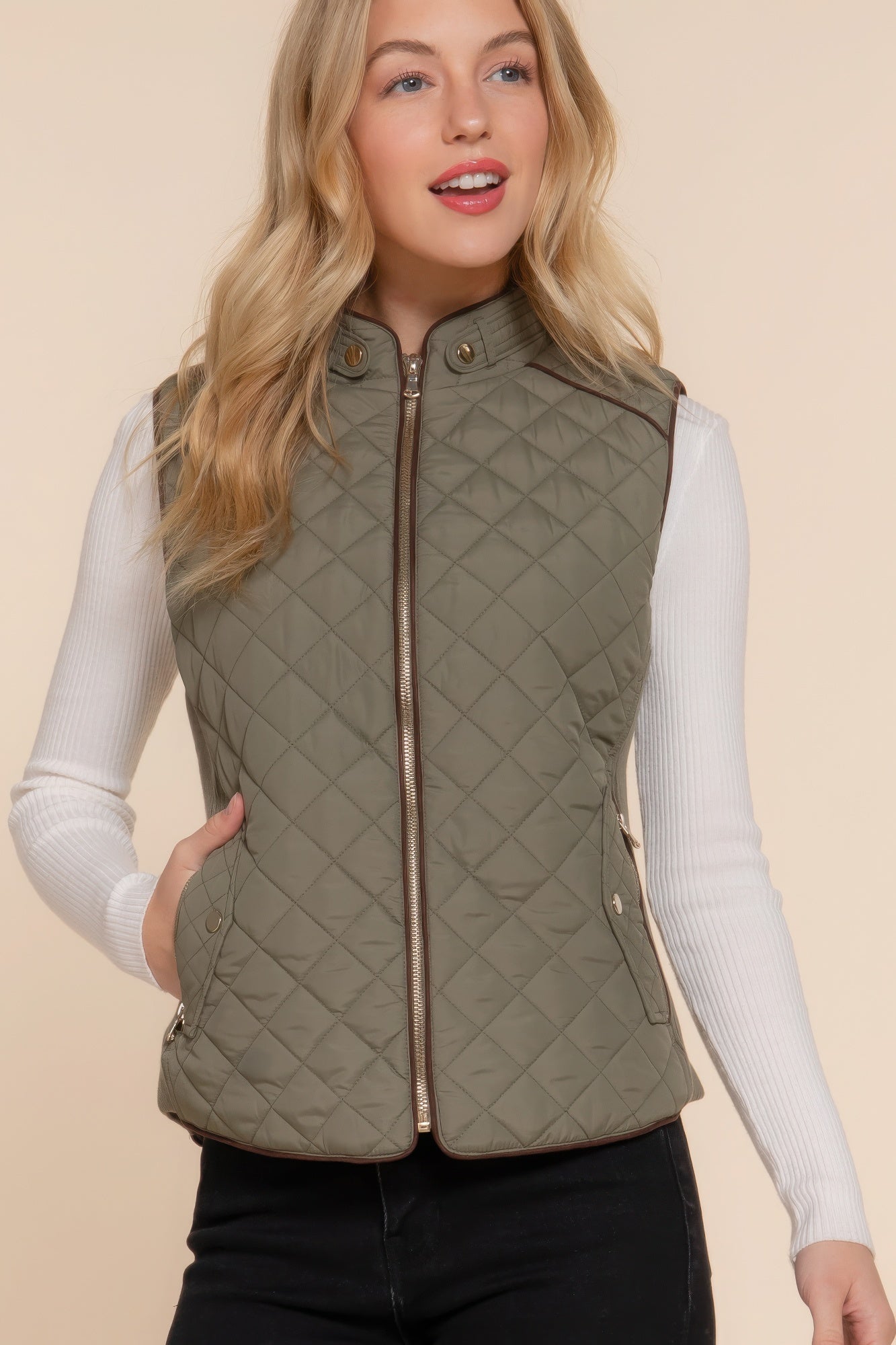 Suede Piping Quilted Padding Vest - ThingsWeUseAndLove 