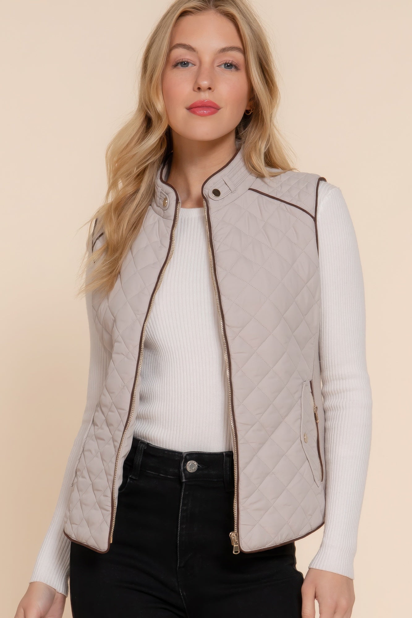 Suede Piping Quilted Padding Vest - ThingsWeUseAndLove 