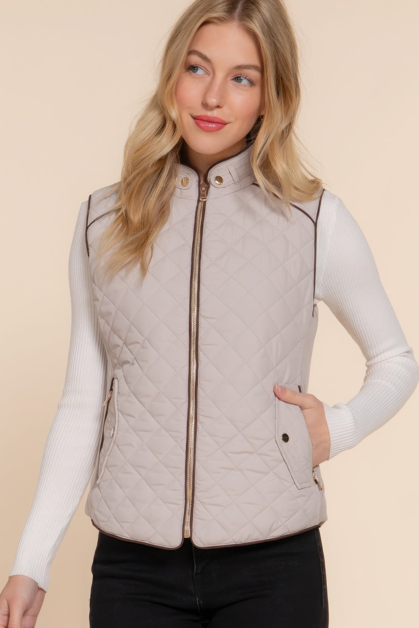 Suede Piping Quilted Padding Vest - ThingsWeUseAndLove 