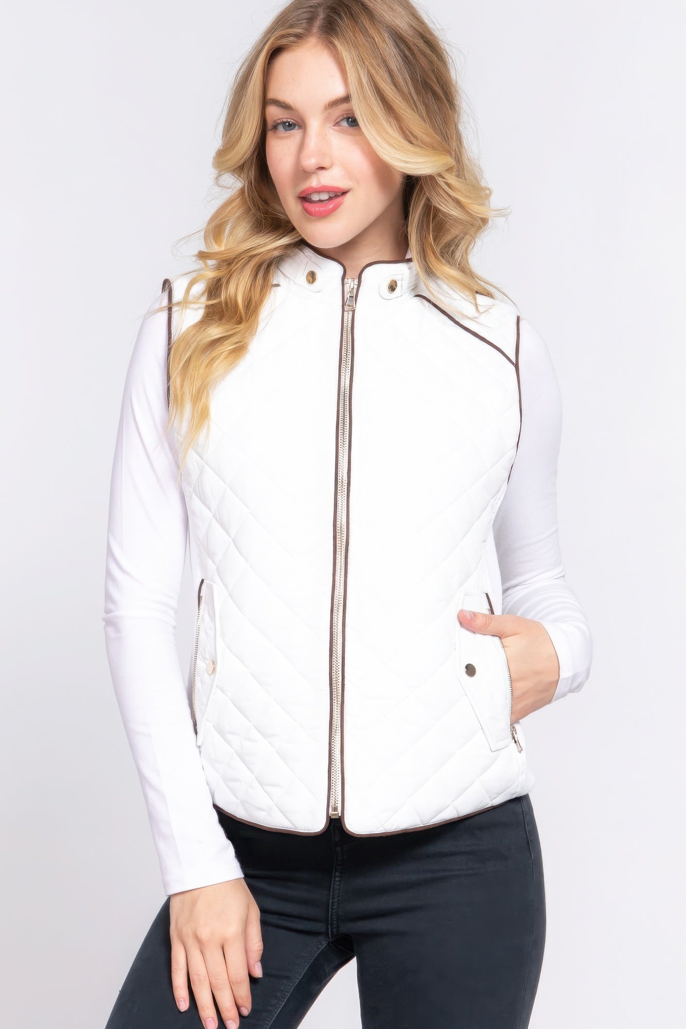 Suede Piping Quilted Padding Vest - ThingsWeUseAndLove 