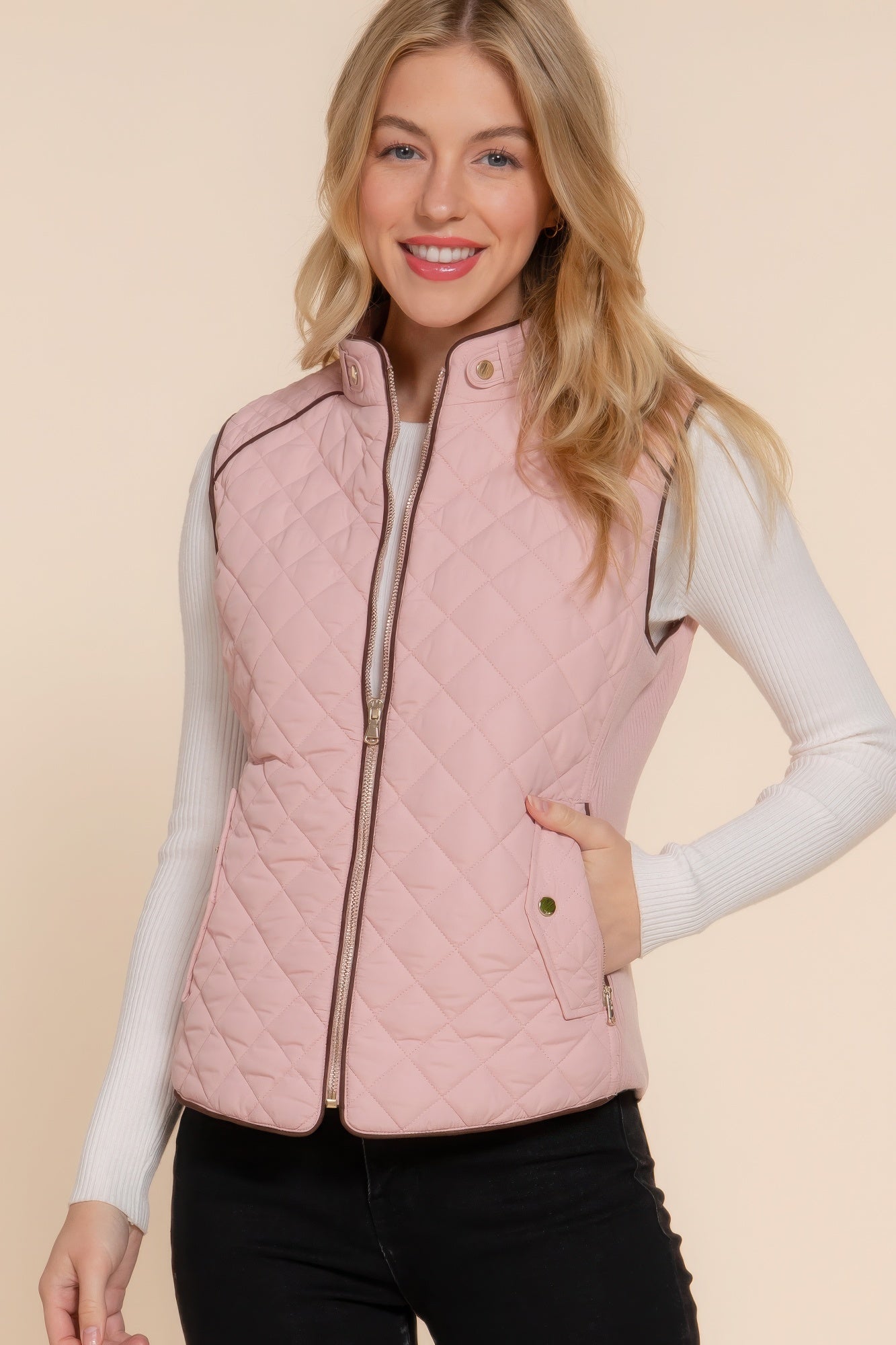 Suede Piping Quilted Padding Vest - ThingsWeUseAndLove 