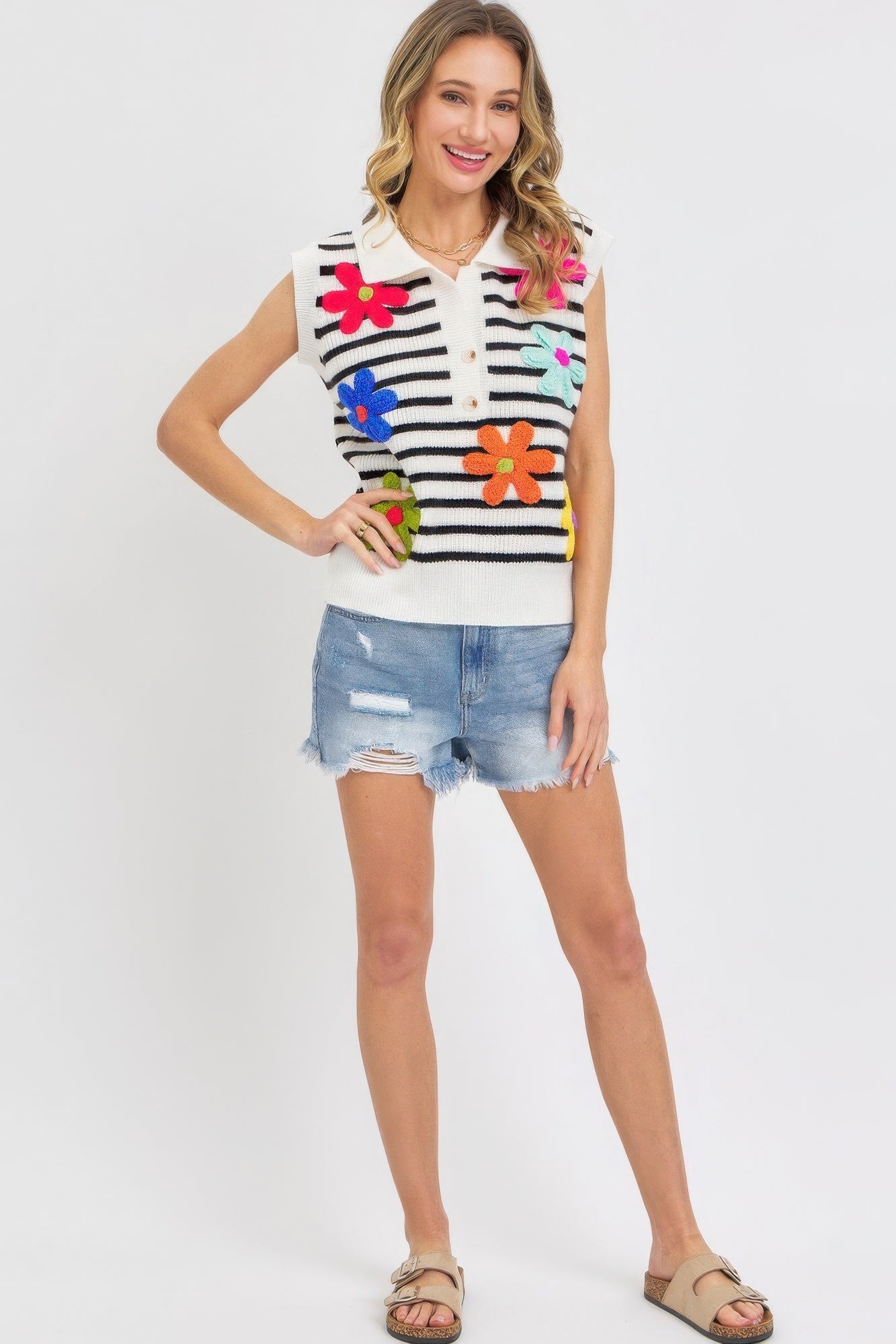 Flower Patch Stripe Knit Top - ThingsWeUseAndLove 