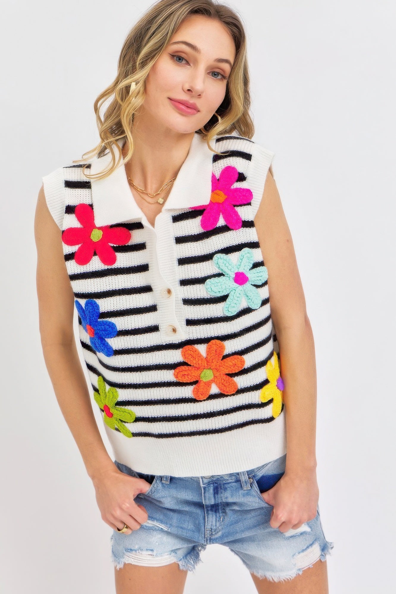 Flower Patch Stripe Knit Top - ThingsWeUseAndLove 