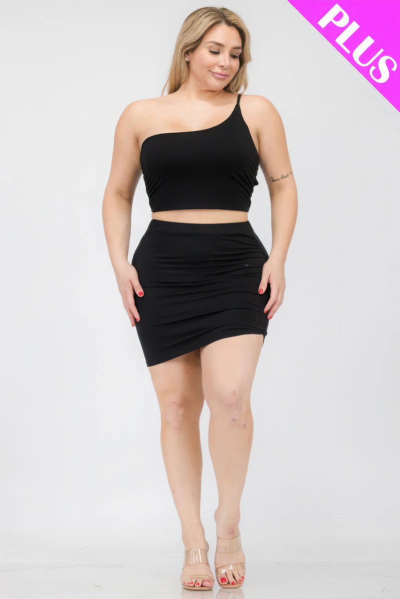 One Shoulder Ruched Crop Top & Mini Skirt Set - ThingsWeUseAndLove 