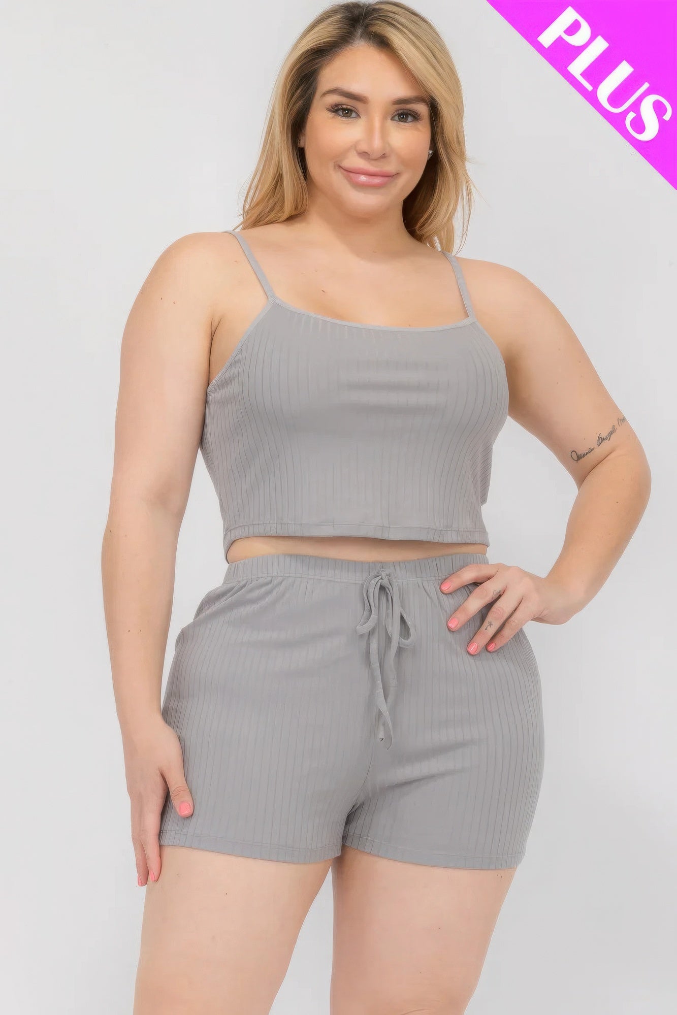 Solid Ribbed Cami Top And Shorts Set - ThingsWeUseAndLove 