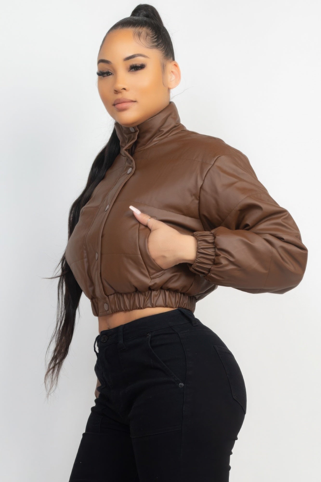 Snap Button Padded Crop Jacket - ThingsWeUseAndLove 