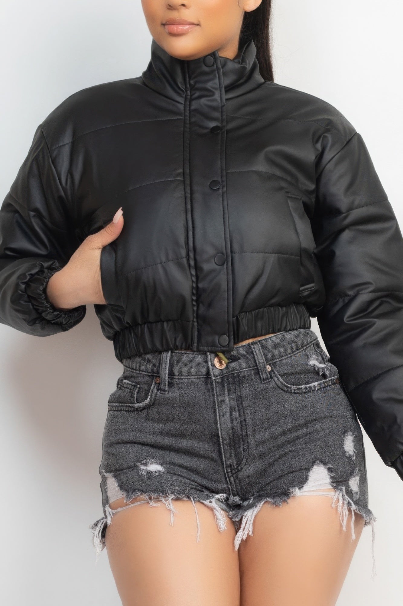 Snap Button Padded Crop Jacket - ThingsWeUseAndLove 