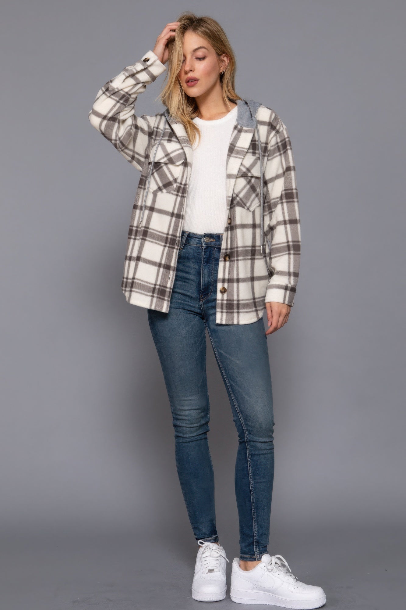 Plaid Print Hoodie Fleece Jacket - ThingsWeUseAndLove 