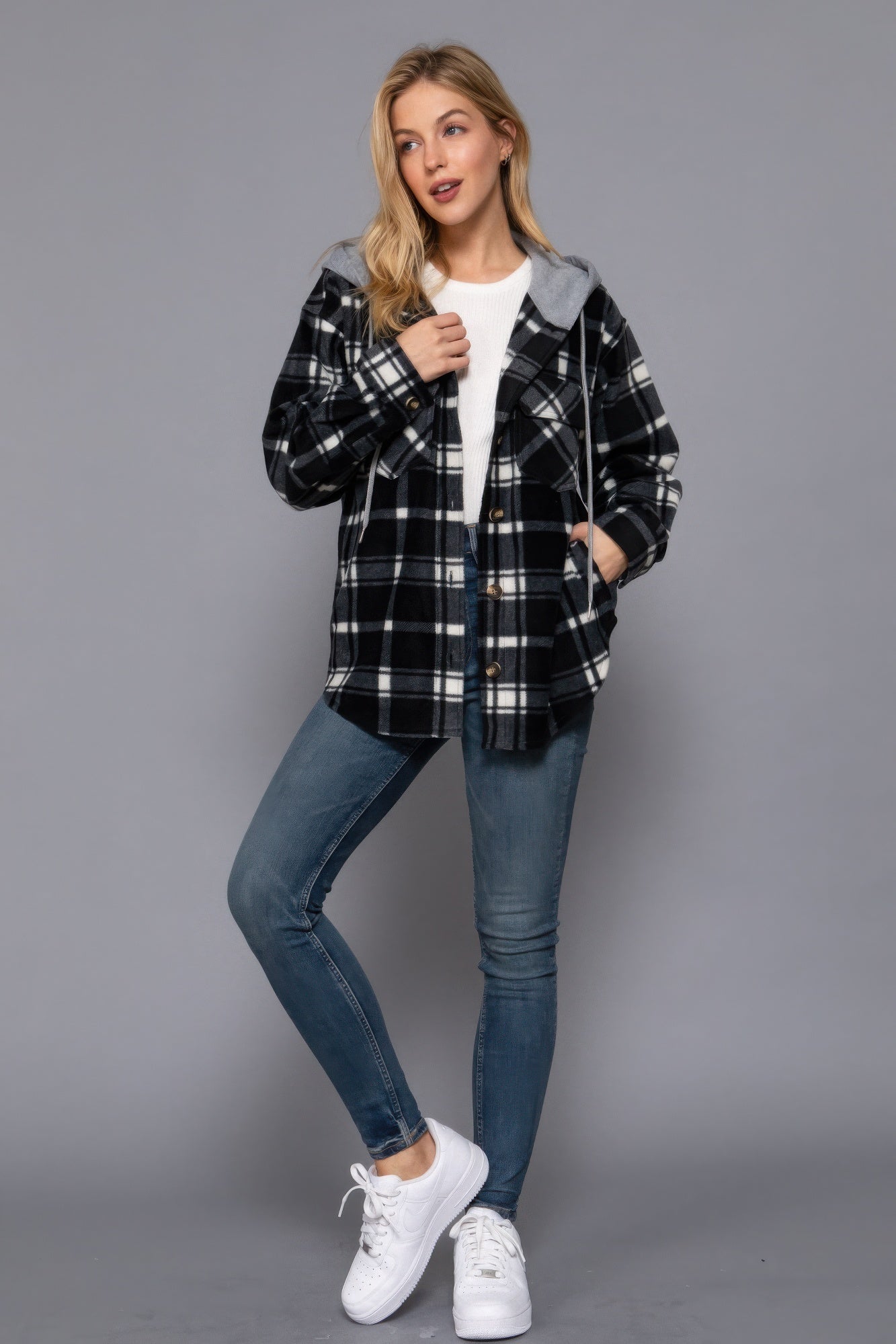 Plaid Print Hoodie Fleece Jacket - ThingsWeUseAndLove 