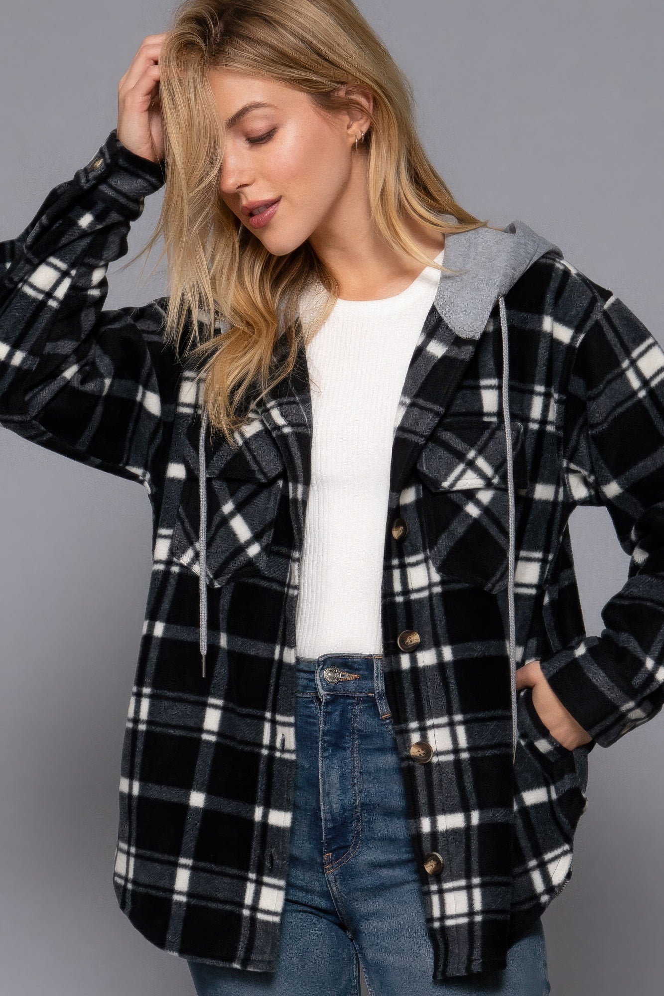 Plaid Print Hoodie Fleece Jacket - ThingsWeUseAndLove 