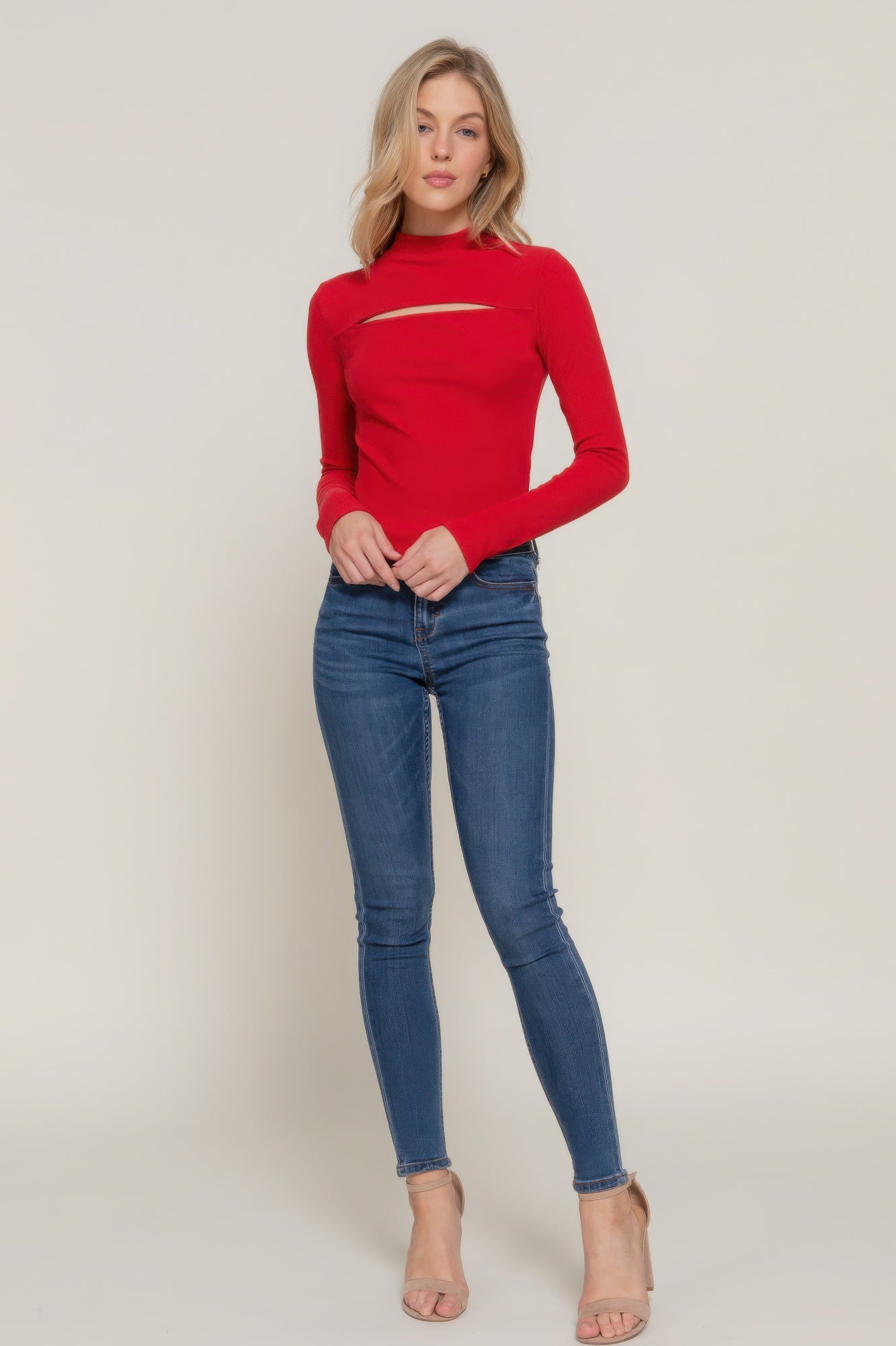 Long slv mock neck kyehole rib knit top - ThingsWeUseAndLove