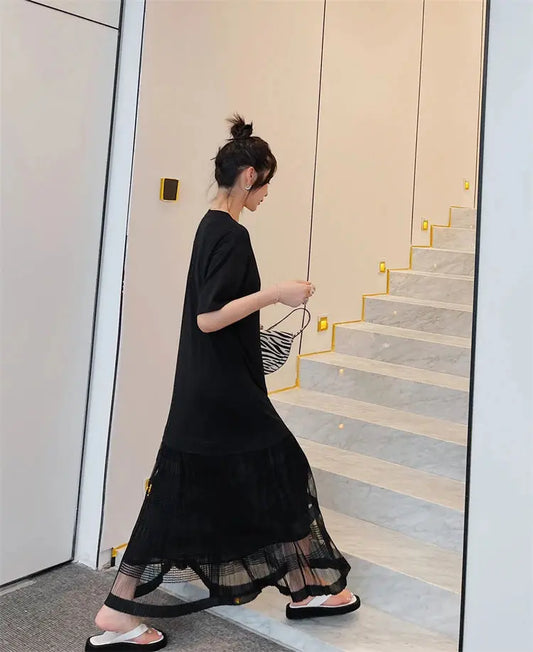 NYFS 2024 Summer Women's Fashion Cotton Patchwork Dress Elbise Robe with Short Sleeves Long Net Yarn for Korea - ThingsWeUseAndLove 