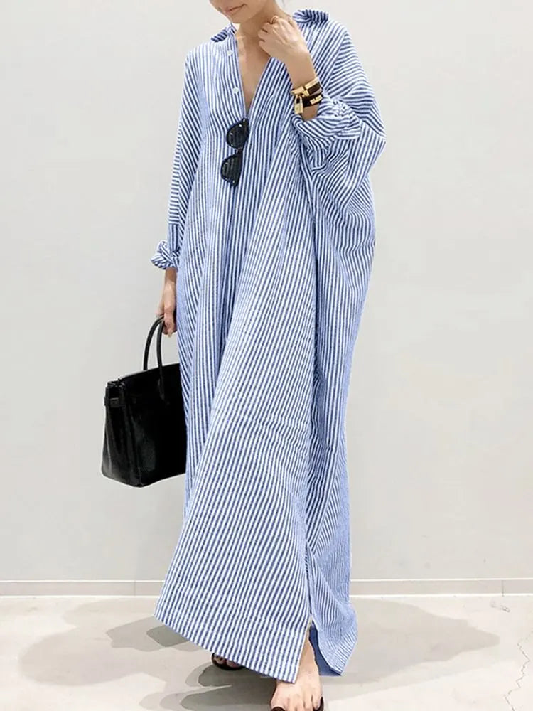 2024 Stripe Printed Bohemian Women Long Sleeve Lapel Dress Fashion Casual Loose - ThingsWeUseAndLove 