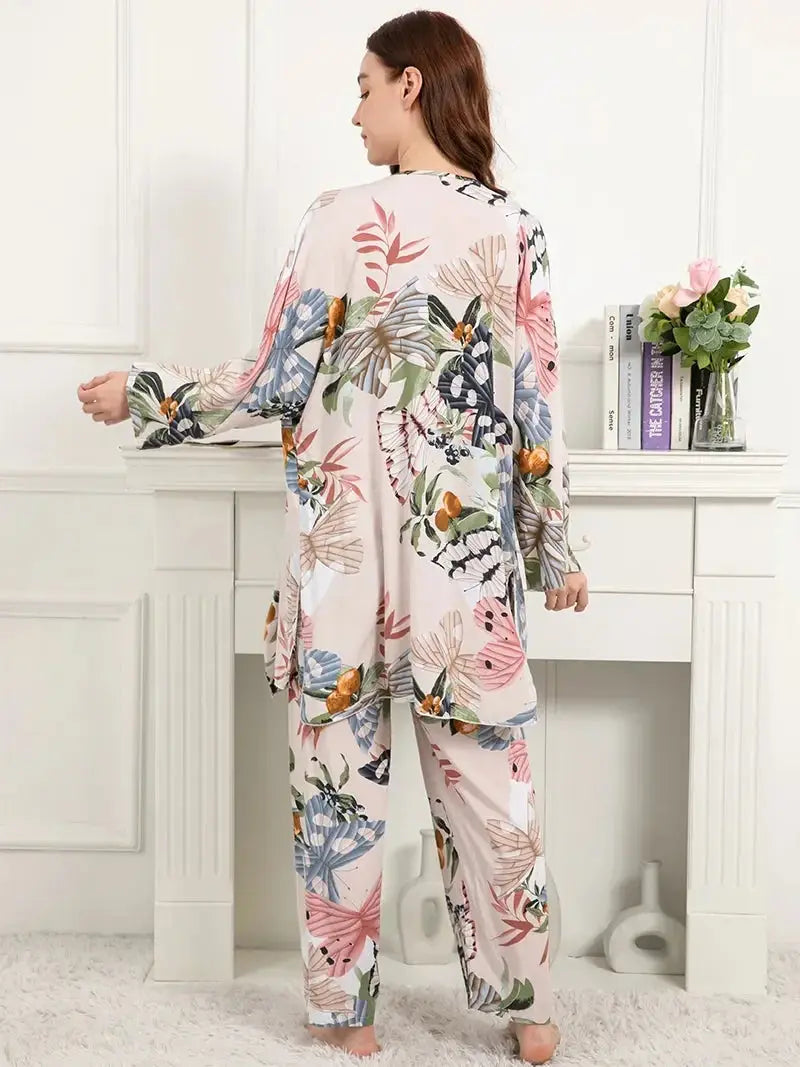 Elodie Women's 3 pcs Sleepwear Leaf Print Cami and Pants Pajama Set with Robe S-3XL - ThingsWeUseAndLove 