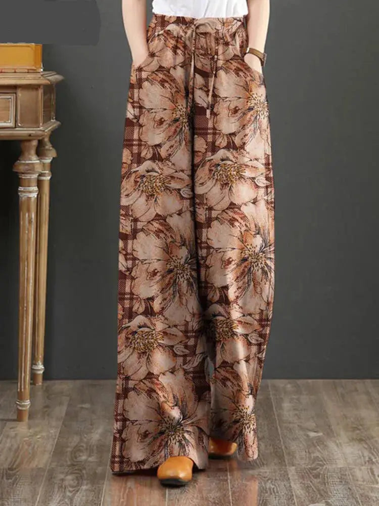 Bohemian Wide Leg Floral Pant Woman Casual Cotton Long Trousers - ThingsWeUseAndLove 