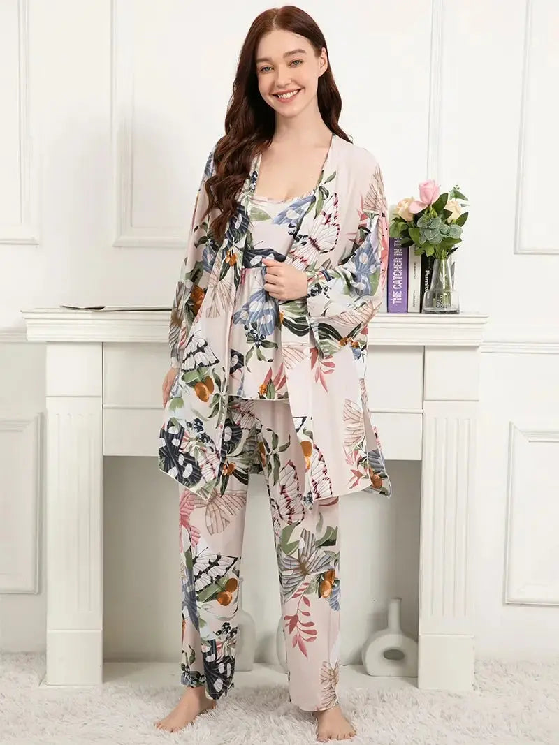 Elodie Women's 3 pcs Sleepwear Leaf Print Cami and Pants Pajama Set with Robe S-3XL - ThingsWeUseAndLove 