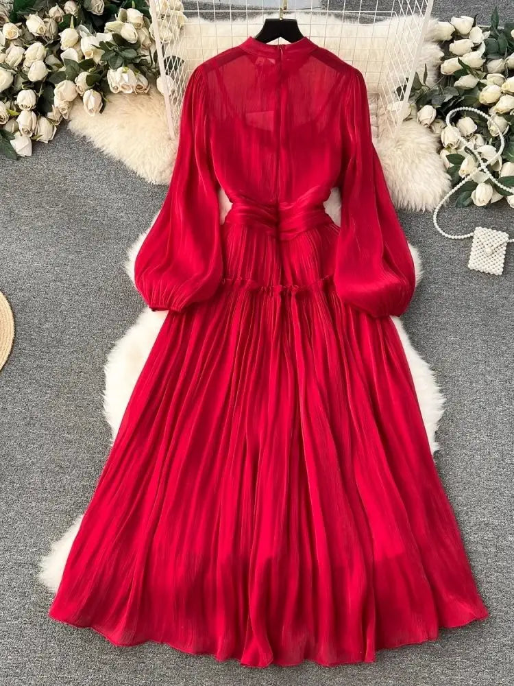 French Luxury Folds Wedding Formal Occasion Dresses For Women's Stand Puff Sleeve Chic A-Line Pleated - ThingsWeUseAndLove 