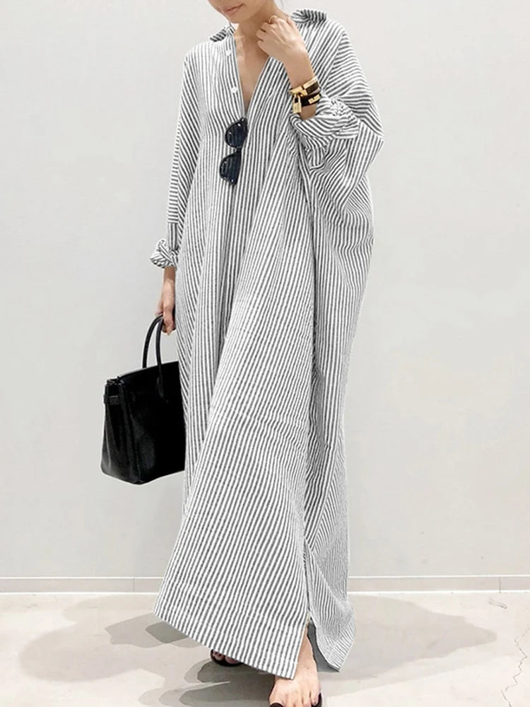 2024 Stripe Printed Bohemian Women Long Sleeve Lapel Dress Fashion Casual Loose - ThingsWeUseAndLove 