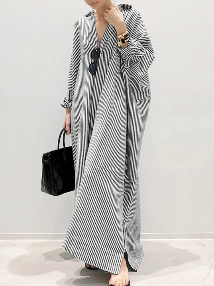 2024 Stripe Printed Bohemian Women Long Sleeve Lapel Dress Fashion Casual Loose - ThingsWeUseAndLove 