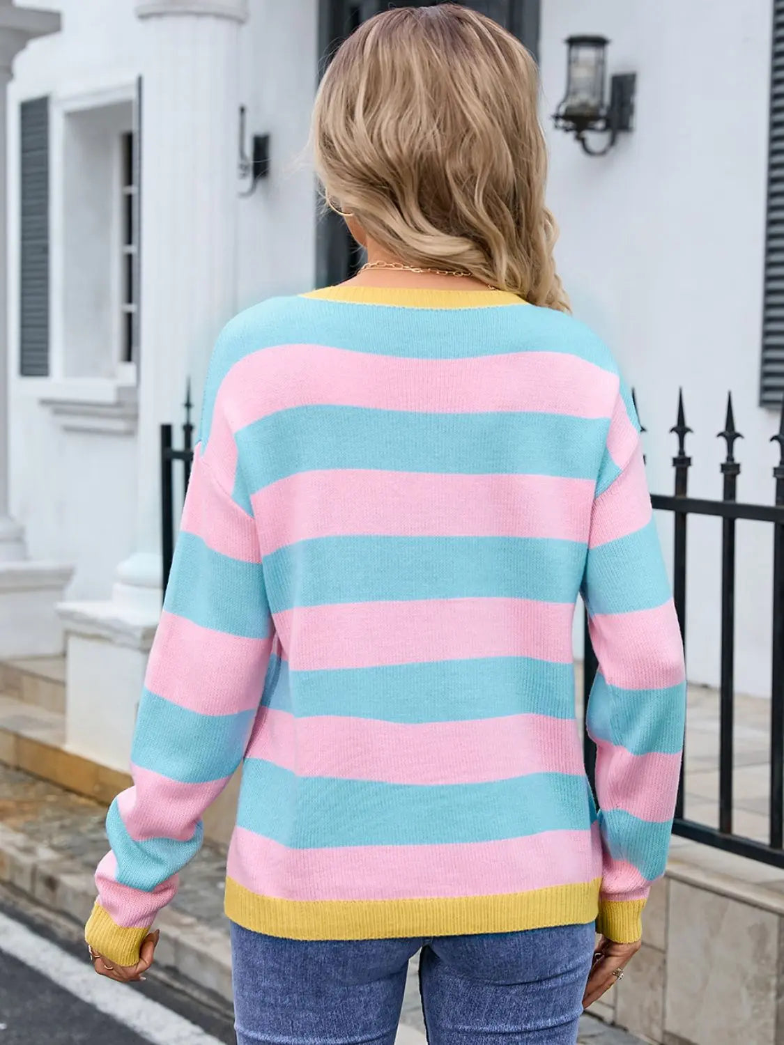 Dropped Shoulder Striped Round Neck Sweater - ThingsWeUseAndLove 