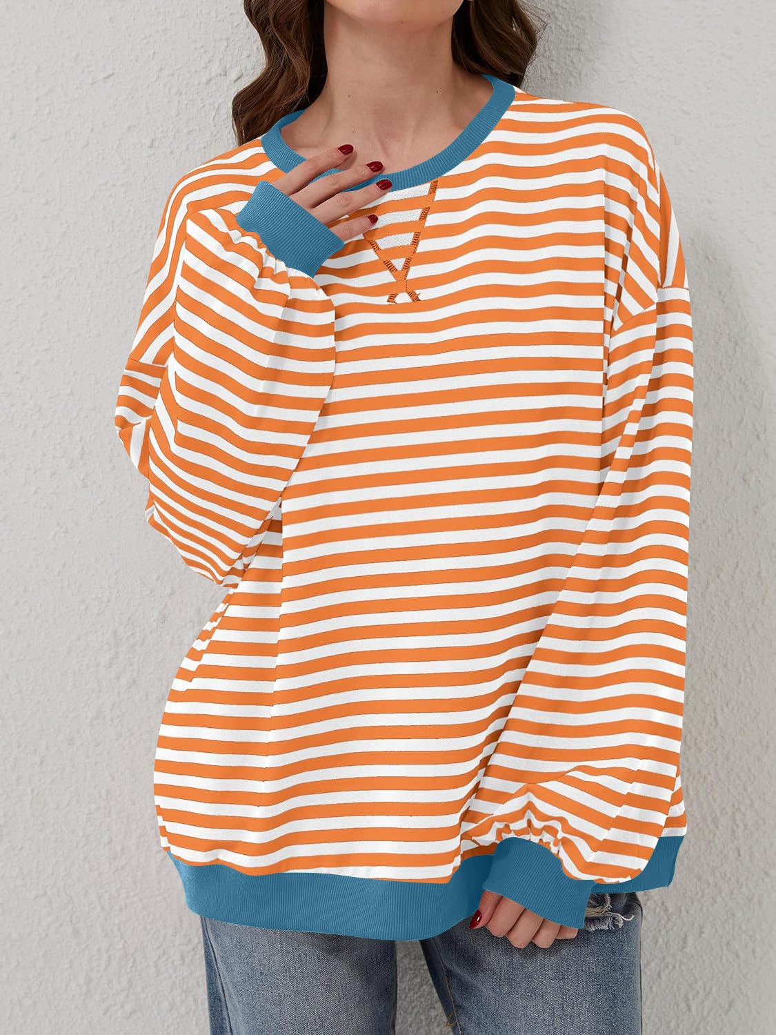 Aviana Contrast Striped Long Sleeve Sweatshirt - ThingsWeUseAndLove Sherbet-XL