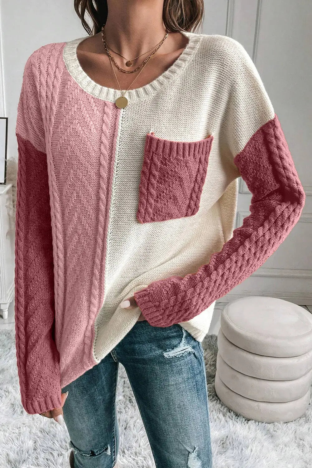 Round Neck Color Block Long Sleeve Sweater - ThingsWeUseAndLove Dusty-Pink-M