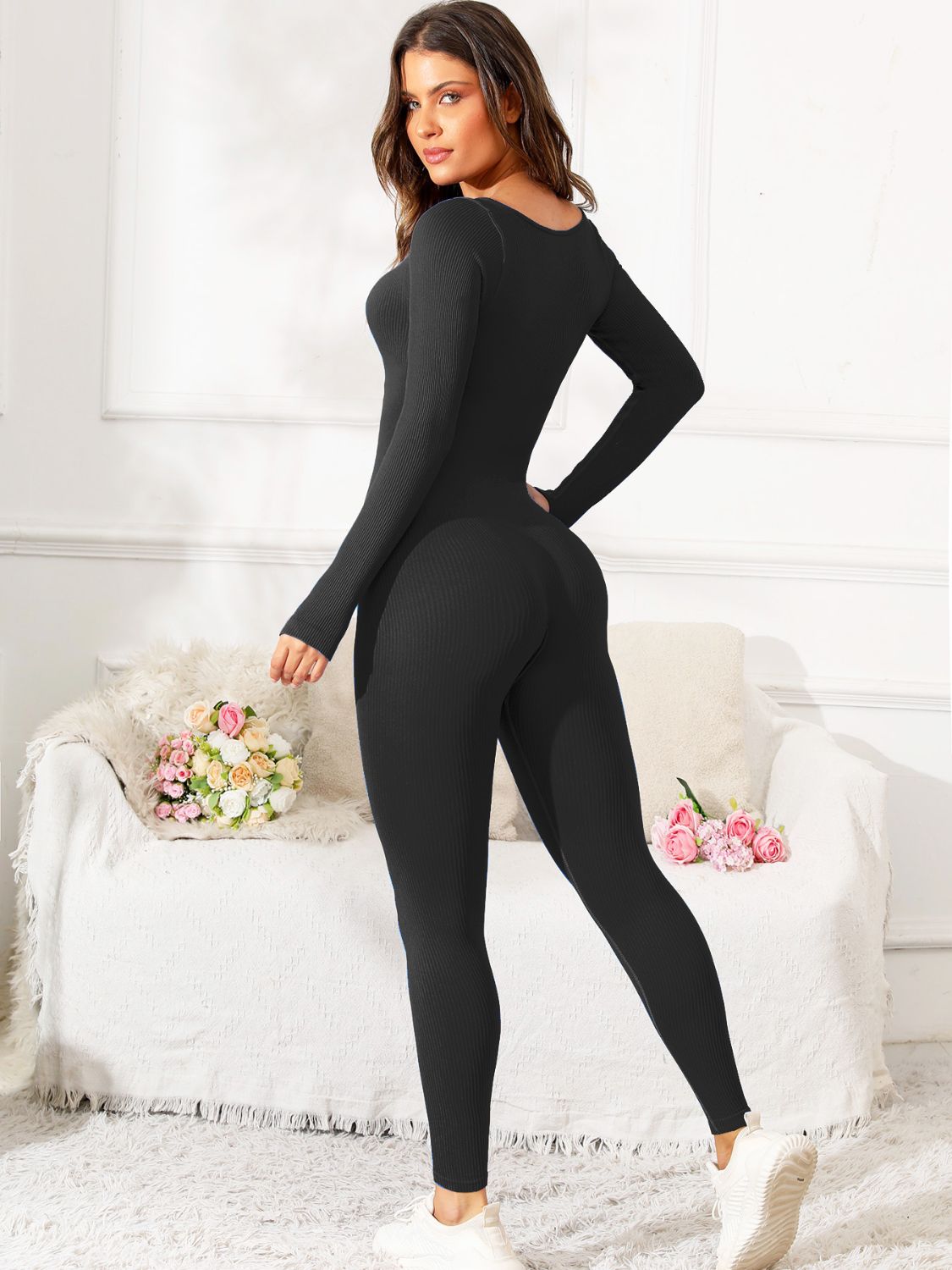 Fit & Fab Scoop Neck Long Sleeve Active Jumpsuit - ThingsWeUseAndLove 