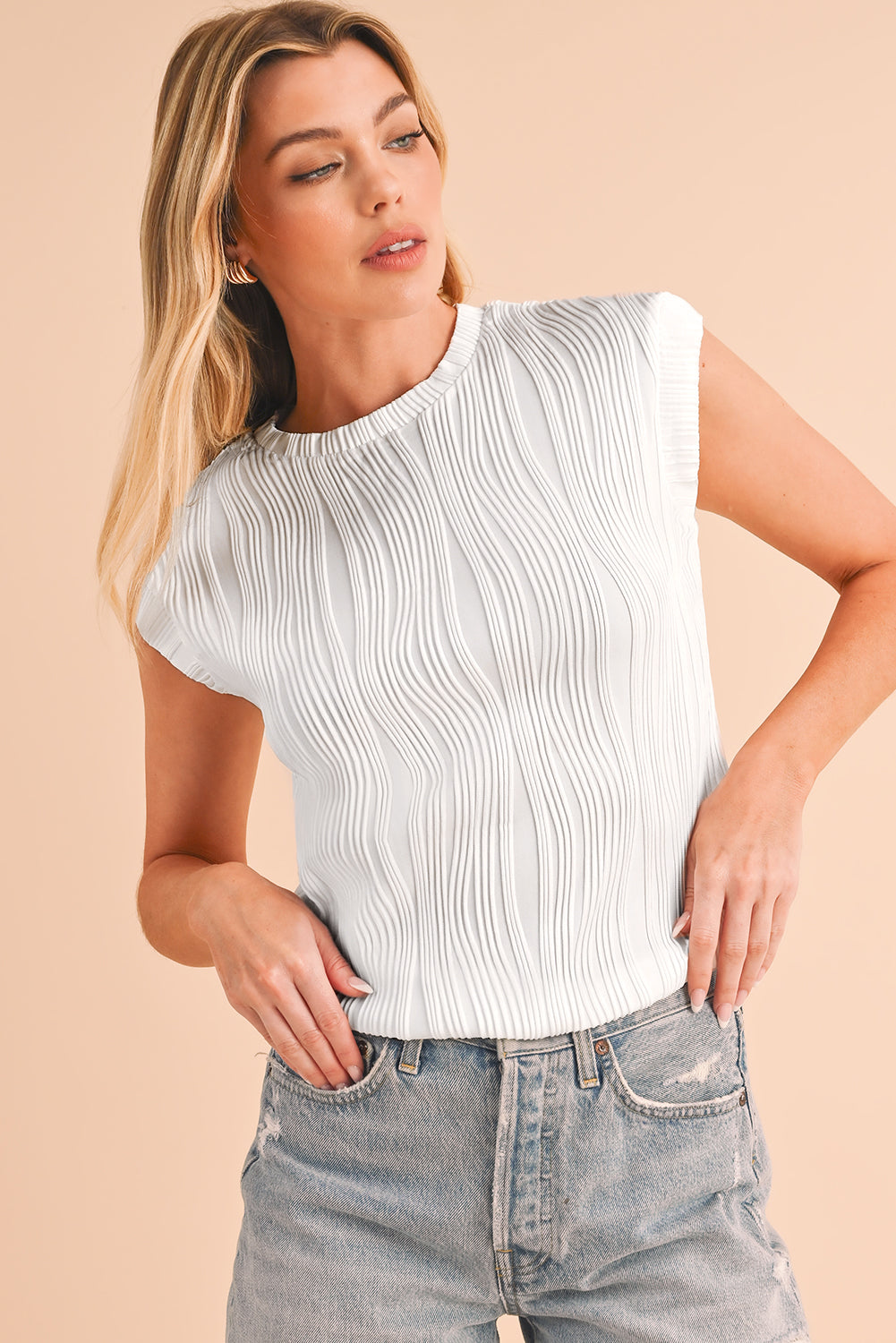 Wavy Textured Cap Sleeve Top - ThingsWeUseAndLove 