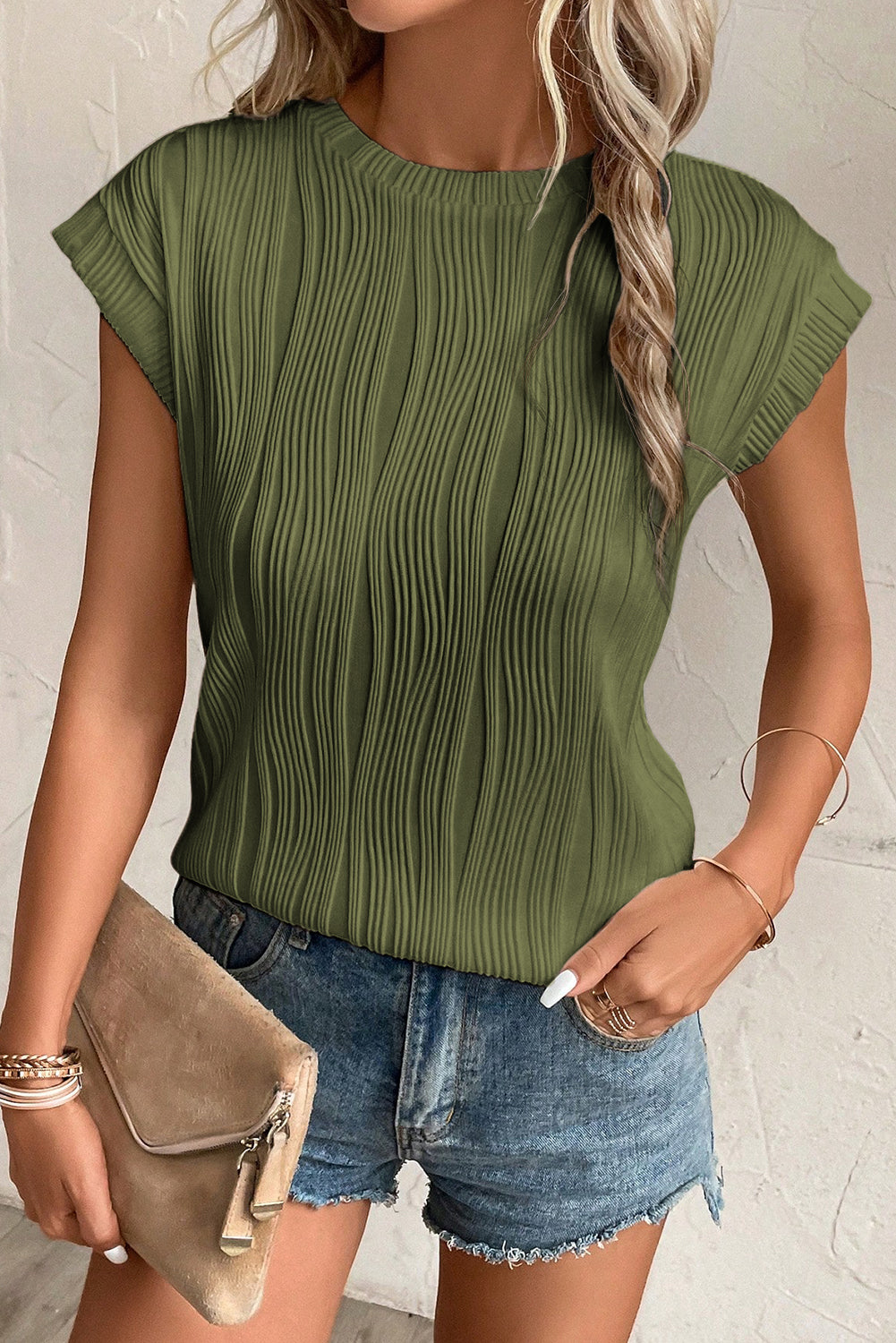 Wavy Textured Cap Sleeve Top - ThingsWeUseAndLove 