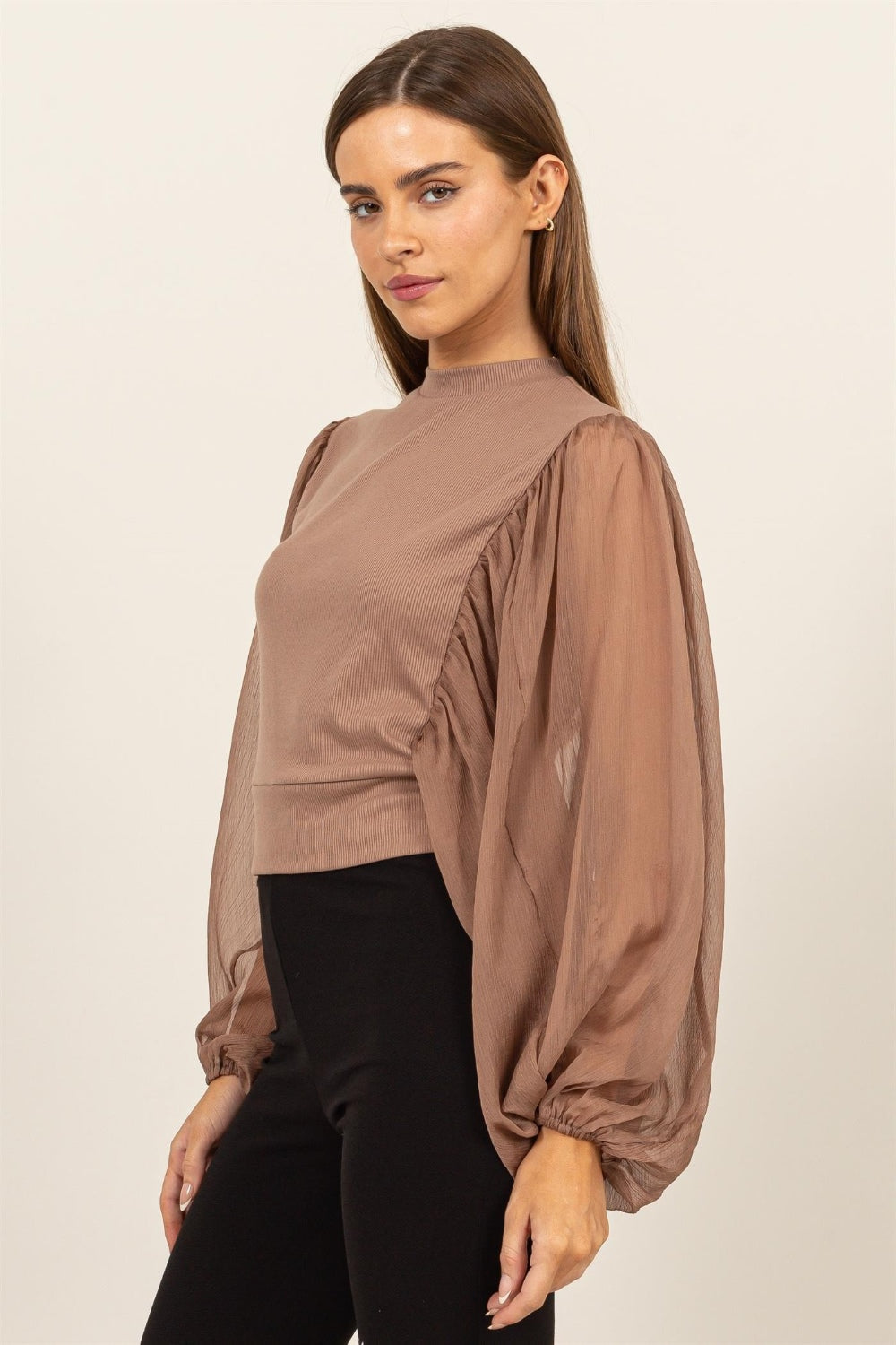 Ruched Sheer Long Sleeve Mock Neck Blouse - ThingsWeUseAndLove 