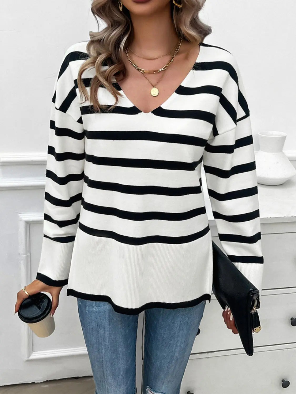 Striped V-Neck Long Sleeve Knit Top - ThingsWeUseAndLove 