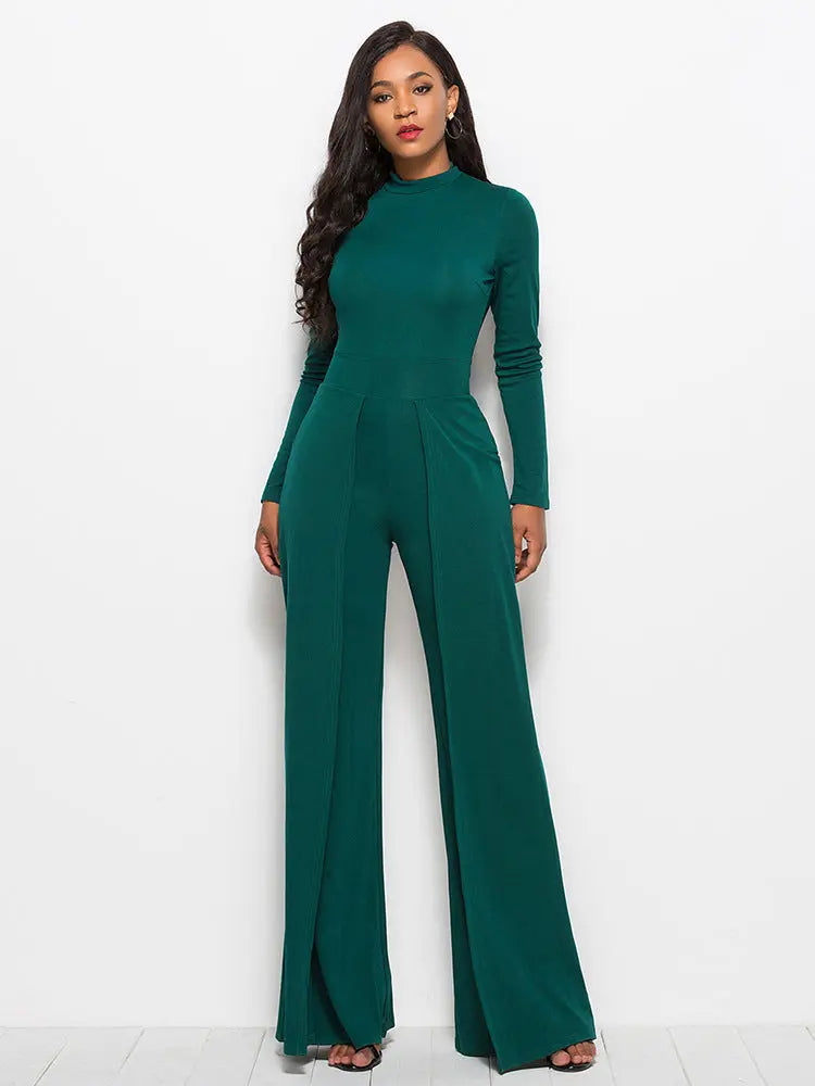 Amanda Long Sleeve Mock Neck Wide Leg Jumpsuit - ThingsWeUseAndLove Dark-Green-2XL