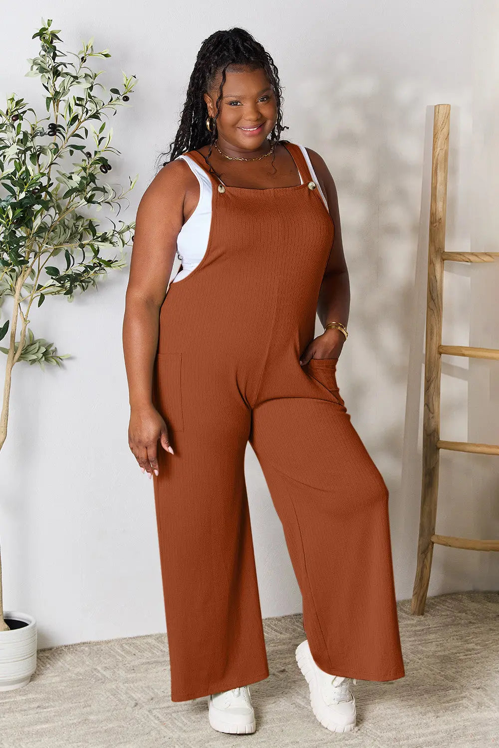 Size Inclusive Wide Strap Overall with Pockets - ThingsWeUseAndLove Ochre-3XL