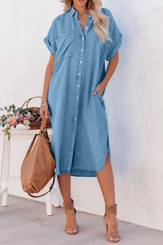 Slit Button Up Short Sleeve Imitation Denim Dress - ThingsWeUseAndLove Medium-2XL