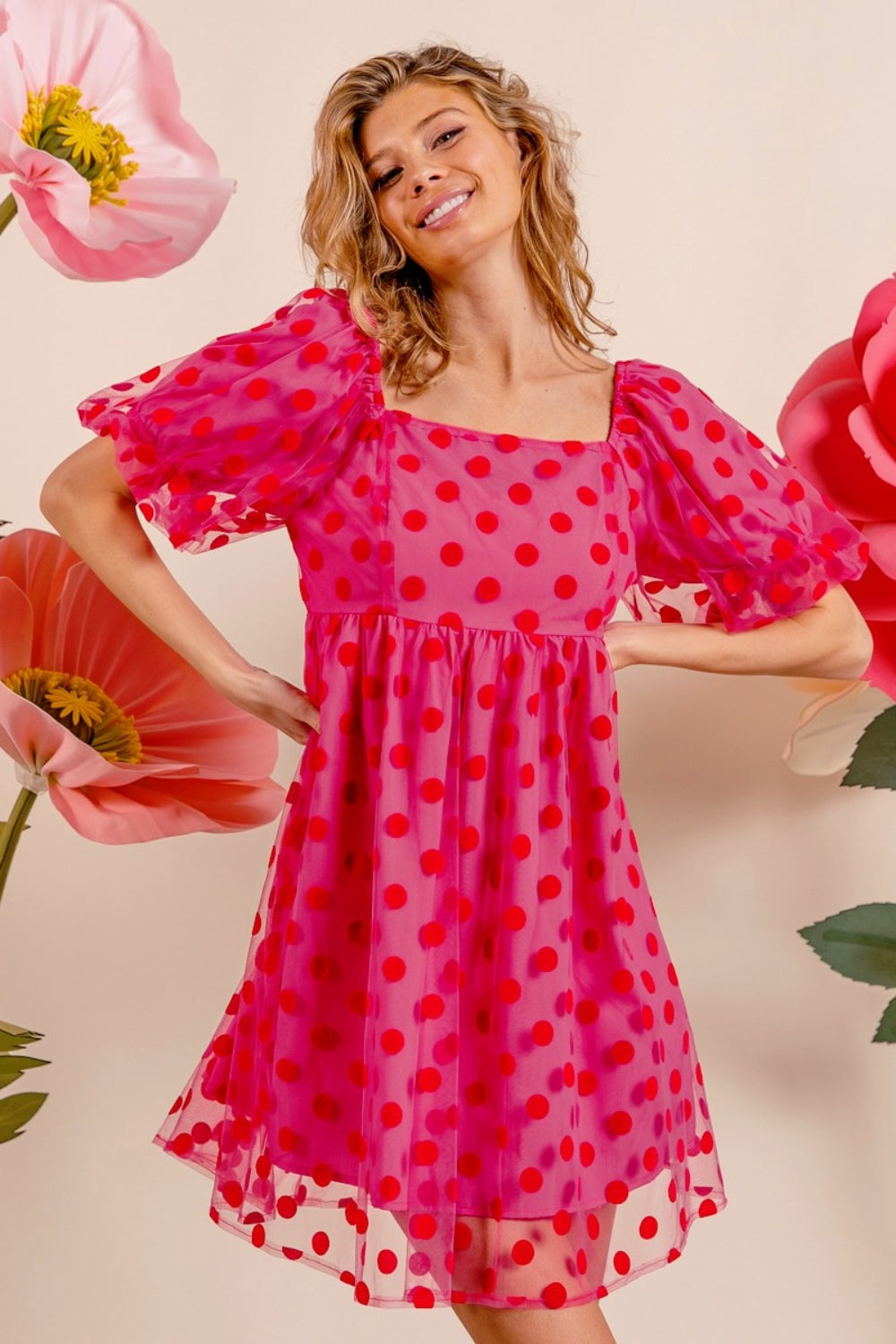 Polka Dot Mesh Puff Sleeve Dress - ThingsWeUseAndLove 