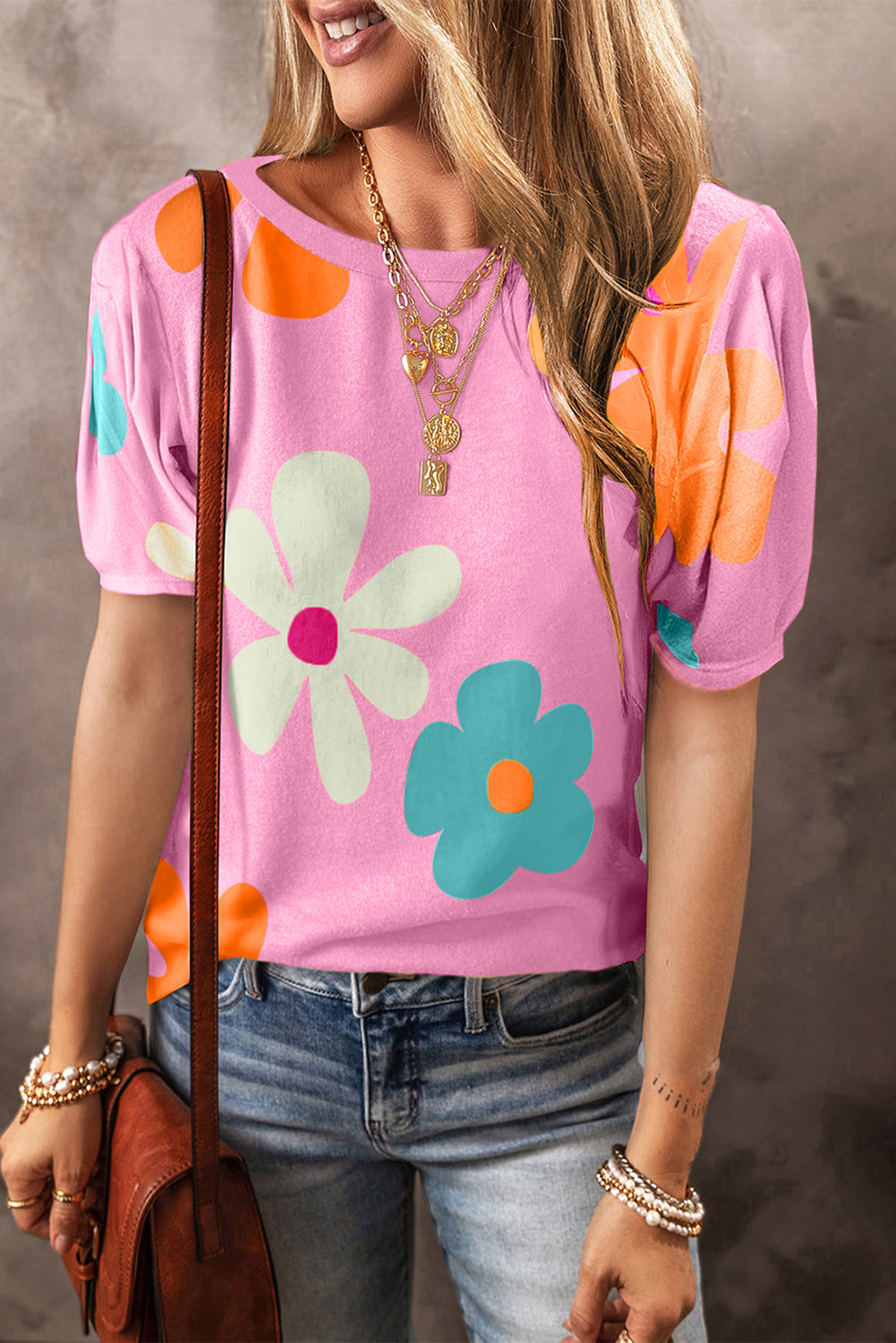 Sky Blue Flower Print Bubble Sleeve Tee - ThingsWeUseAndLove Pink-2XL-95-Polyester-5-Elastane