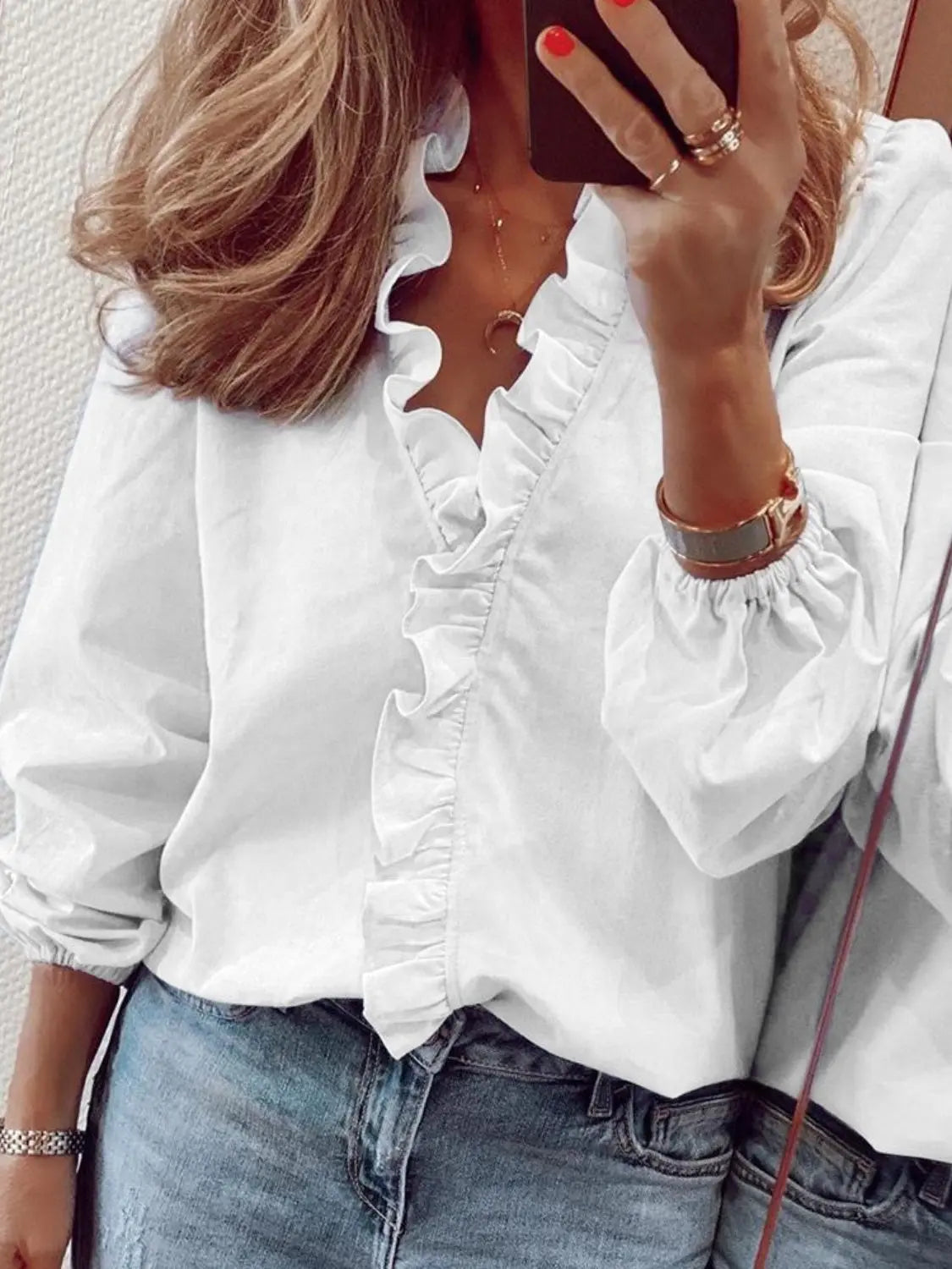 Full Size Ruffled V-Neck Long Sleeve Blouse - ThingsWeUseAndLove White-5XL