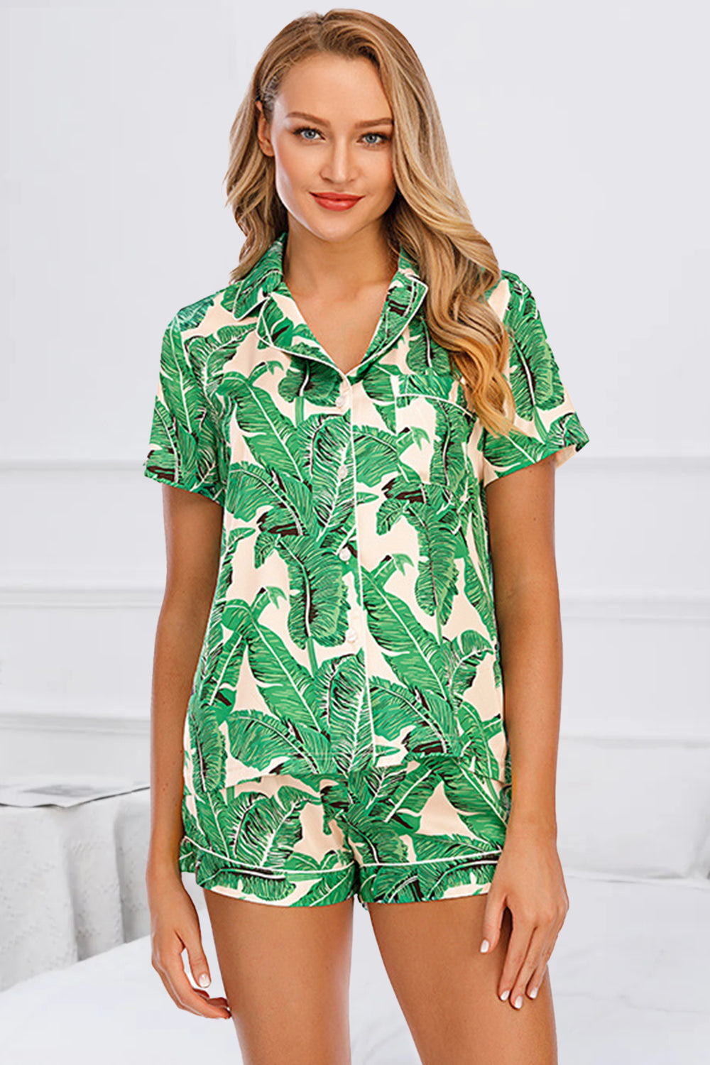 Printed Button Up Short Sleeve Top and Shorts Lounge Set - ThingsWeUseAndLove Green-2XL