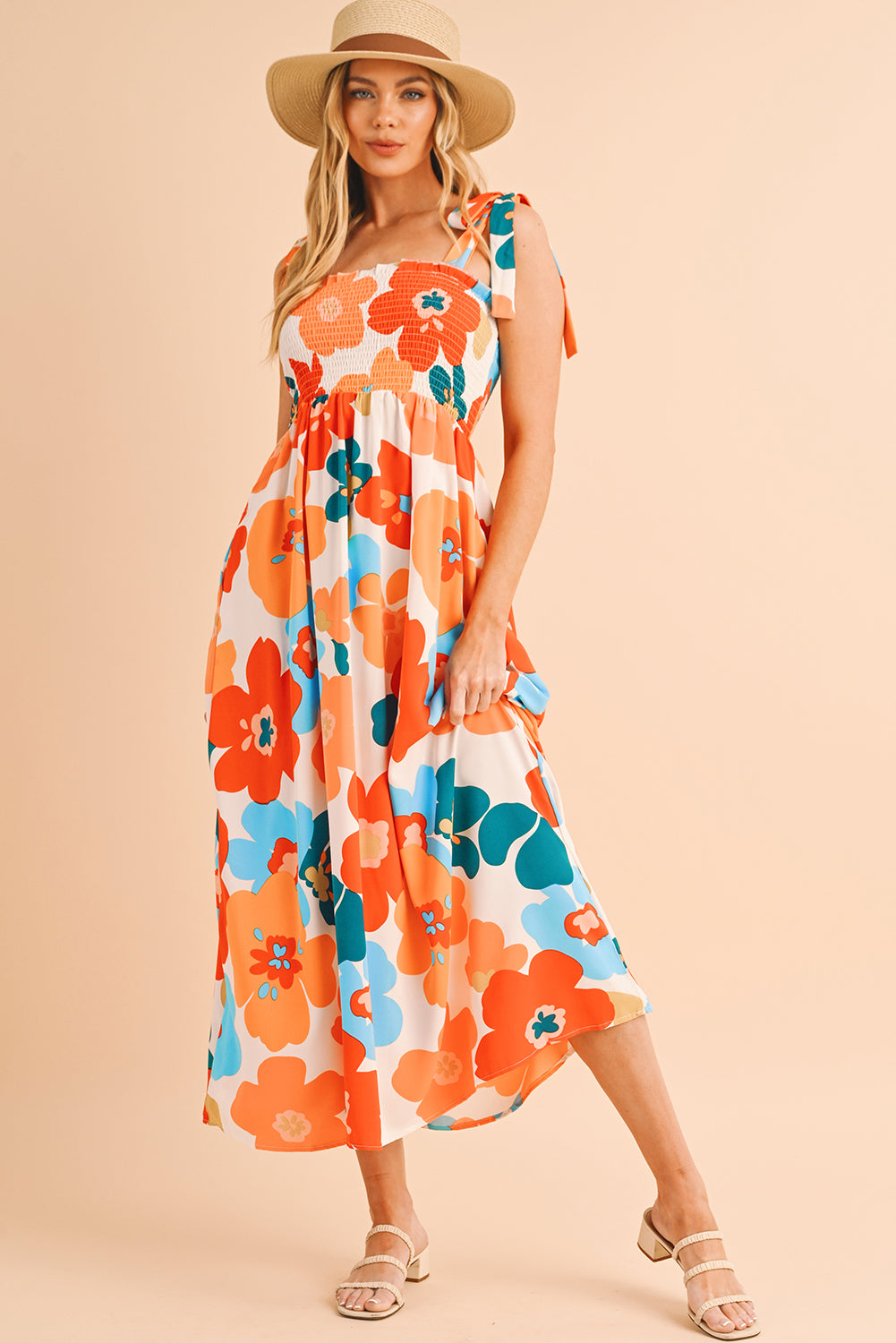 Orange 60s Floral Printed Shoulder Tie Smocked Maxi Dress - ThingsWeUseAndLove 