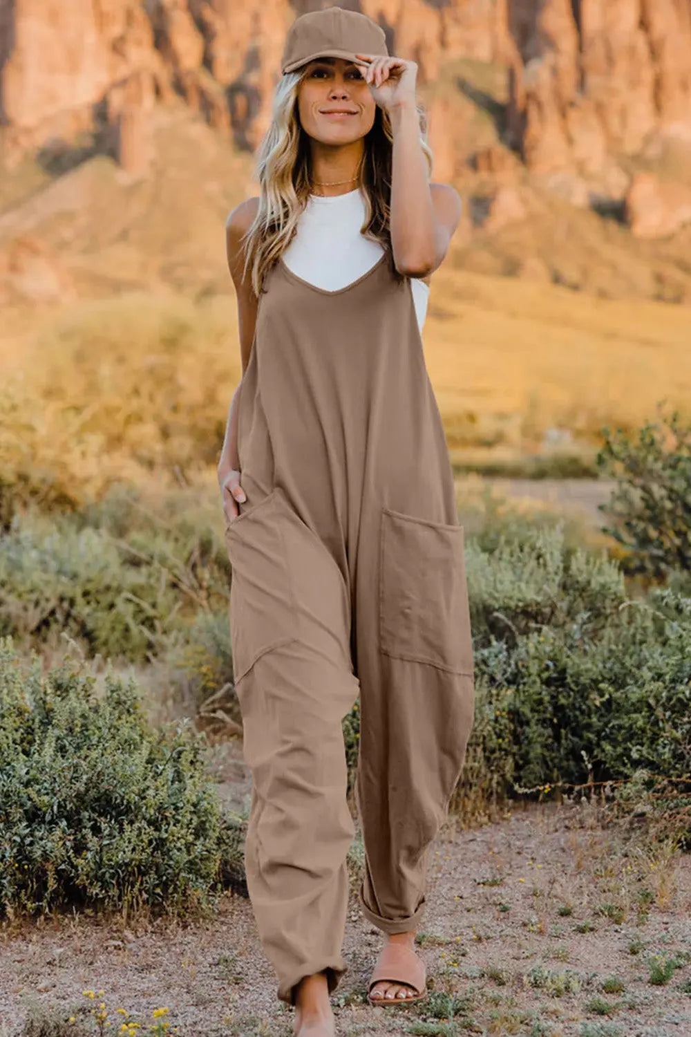 Dakota Size Inclusive V-Neck Sleeveless Jumpsuit with Pockets - ThingsWeUseAndLove Khaki-3XL