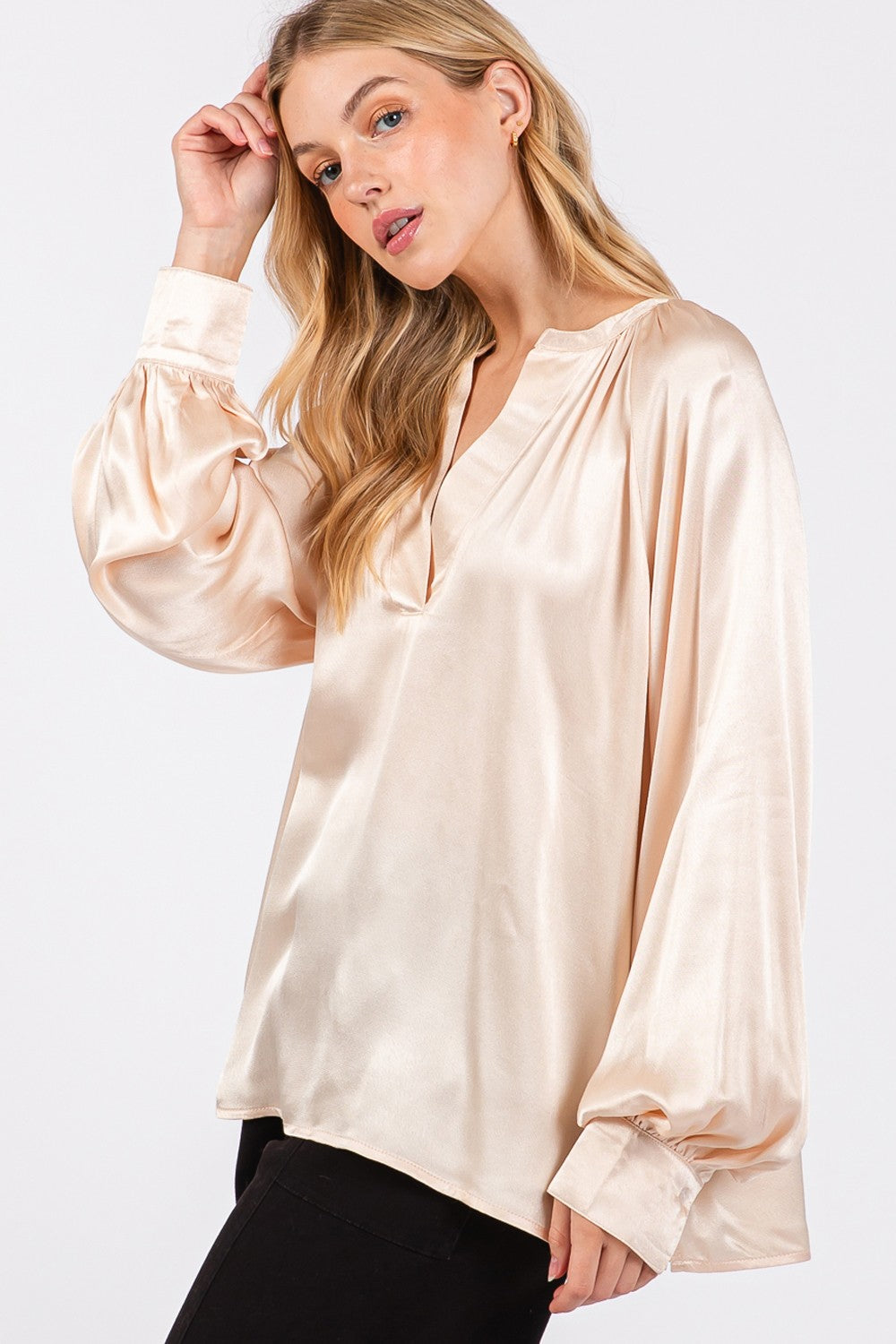 Notched Long Sleeve Blouse - ThingsWeUseAndLove 