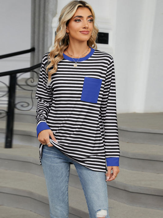 Maya Round Neck Long Sleeve Pocketed Striped  T-Shirt - ThingsWeUseAndLove Black-2XL