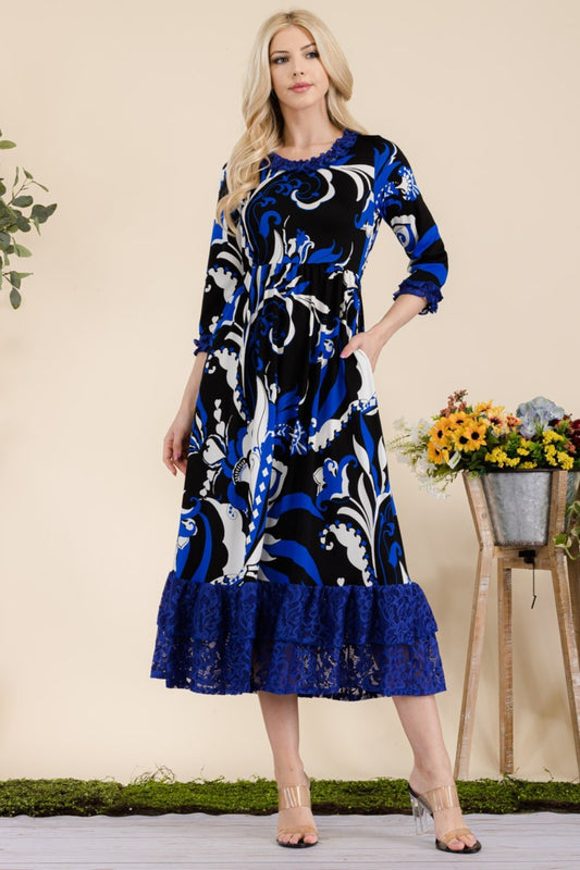 Paisley Print Lace Ruffled Midi Dress - ThingsWeUseAndLove Royal-3XL