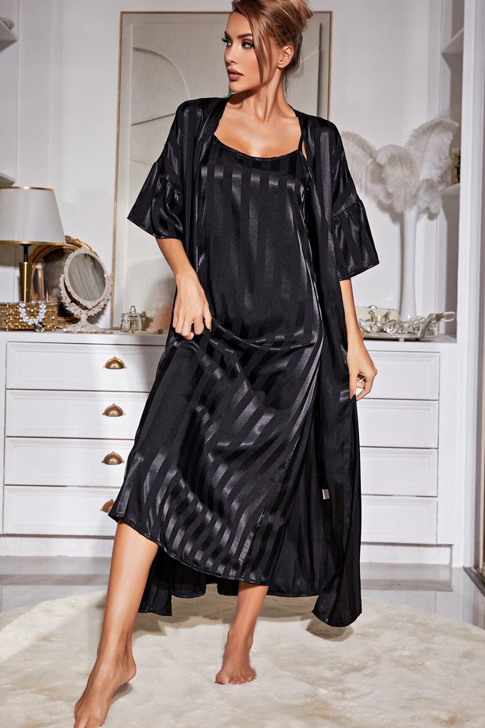 Sweet Dreams Striped Open Front Robe and Cami Dress Set - ThingsWeUseAndLove Black-XL